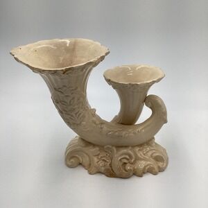 Italian Ceramic Cornucopia‎ Double Horn Vase Glaze Floral Relief Rococo Revival